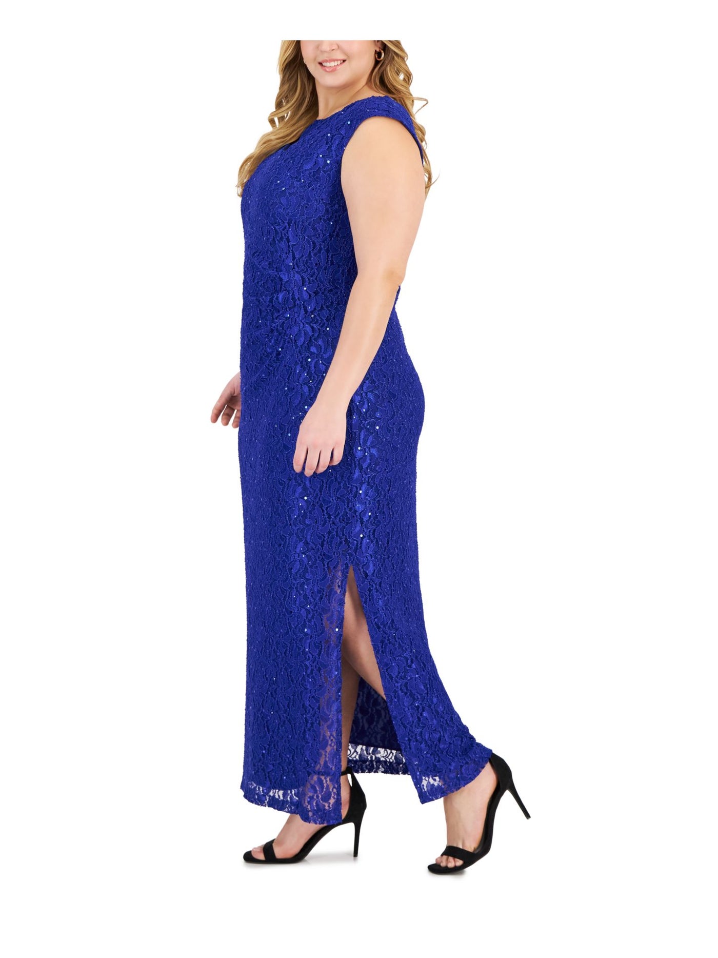 CONNECTED APPAREL Womens Blue Cut Out Zippered Slitted Lined Cap Sleeve Round Neck Maxi Evening Fit + Flare Dress Plus 14W