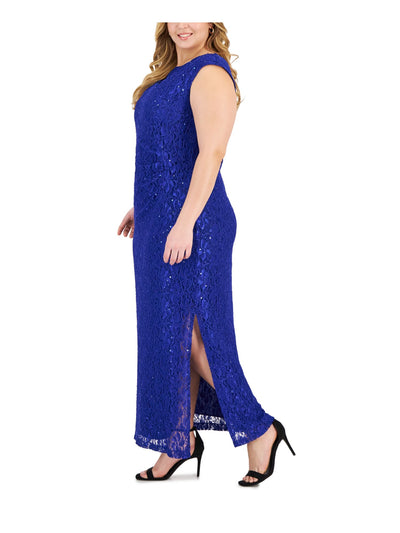 CONNECTED APPAREL Womens Blue Cut Out Zippered Slitted Lined Cap Sleeve Round Neck Maxi Evening Fit + Flare Dress Plus 14W