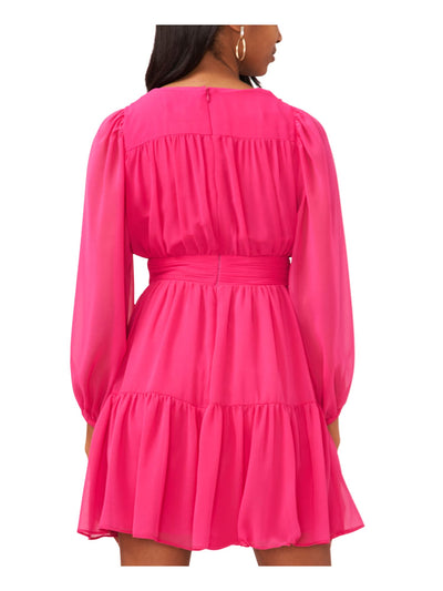 MSK Womens Pink Zippered Lined Tiered Pleated Elastic Sleeve Blouson Sleeve V Neck Short Party Fit + Flare Dress Petites PL