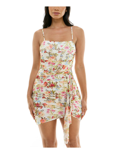 CITY STUDIO Womens Ivory Ruched Adjustable Cascading Ruffle Lined Floral Spaghetti Strap Square Neck Mini Party Body Con Dress Juniors 9\10