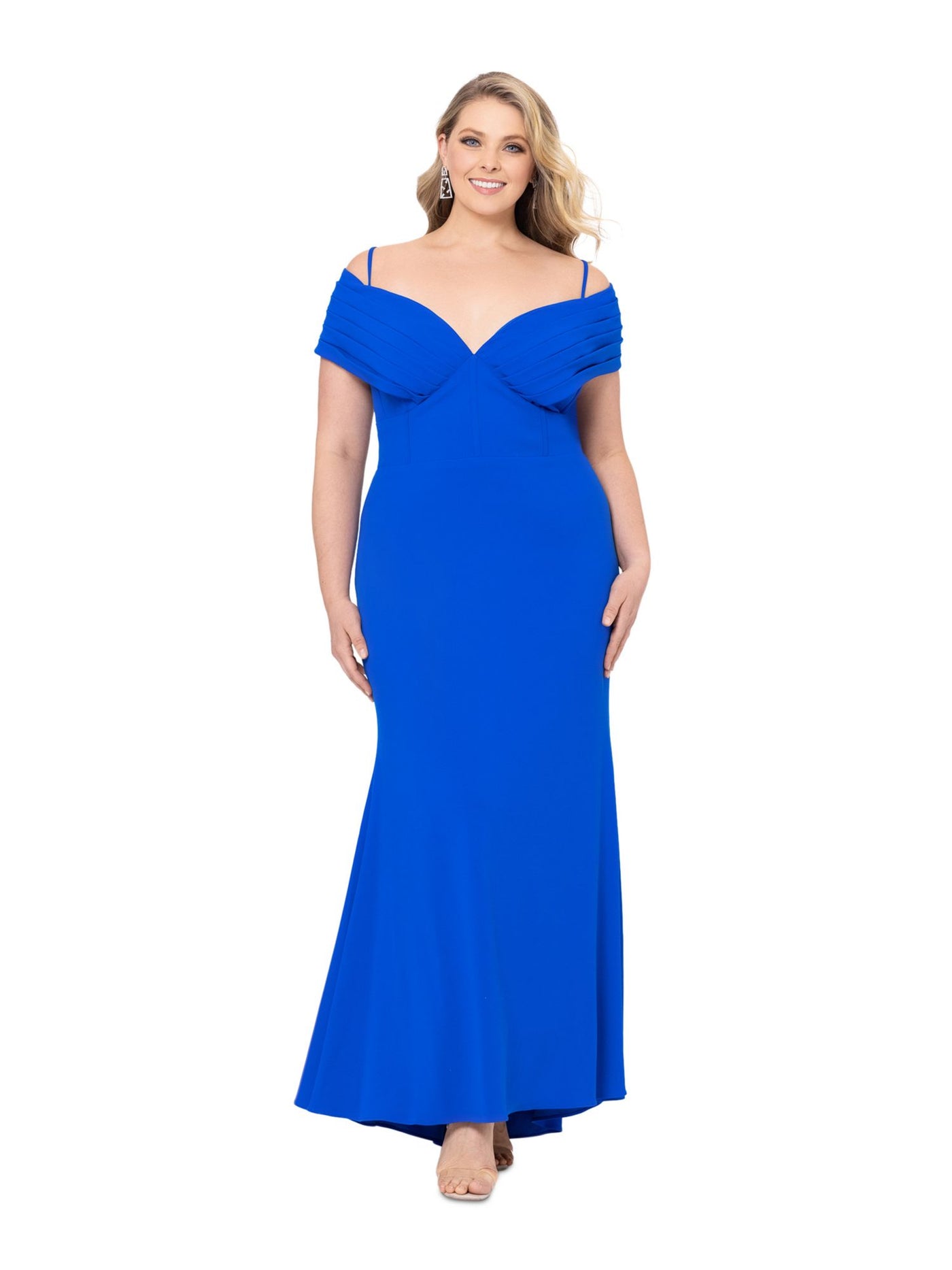 BETSY & ADAM Womens Blue Pleated Zippered Corset Cold Shoulder Lined Spaghetti Strap Off Shoulder Full-Length Evening Gown Dress Plus 16W