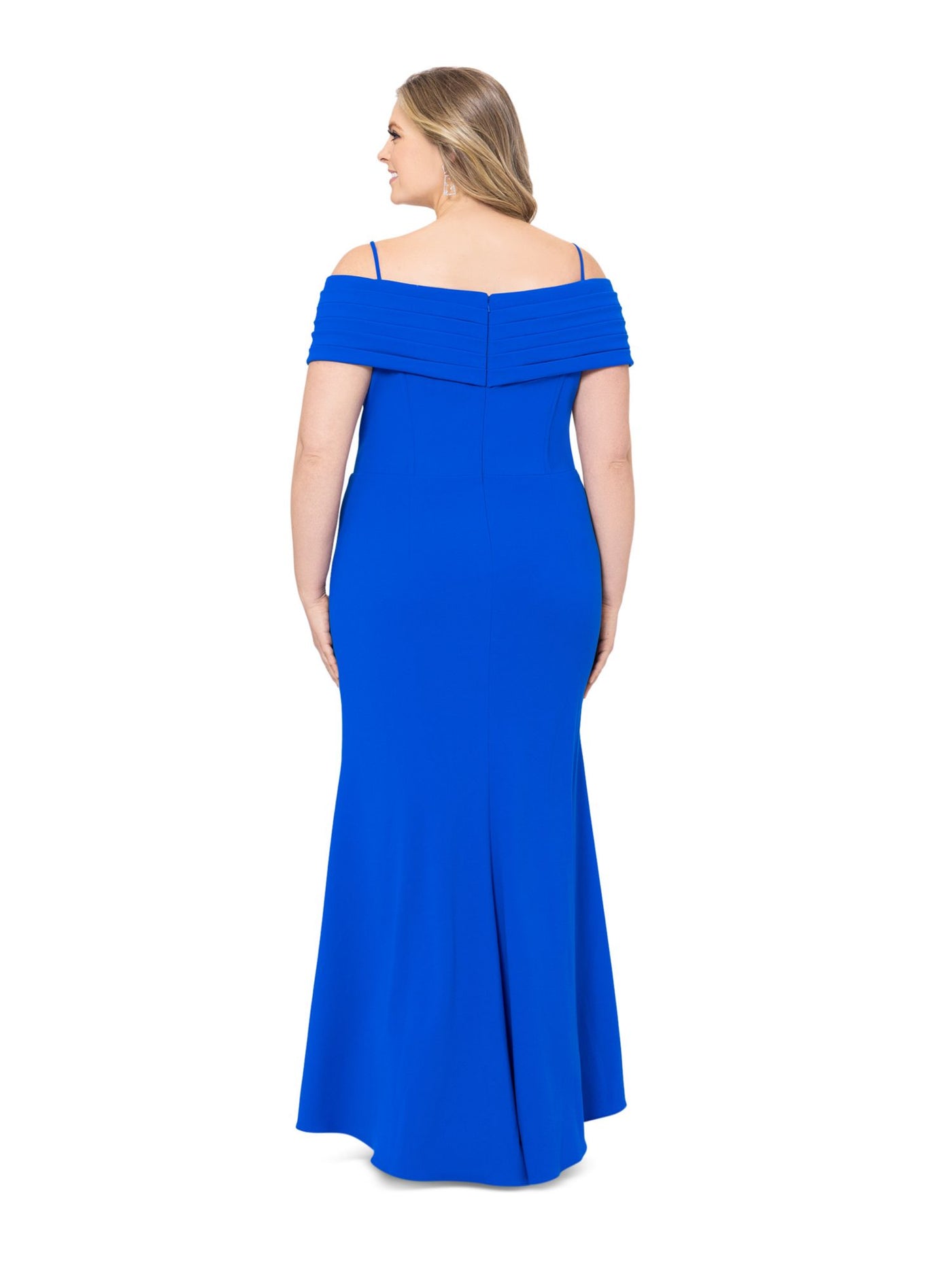 BETSY & ADAM Womens Blue Pleated Zippered Corset Cold Shoulder Lined Spaghetti Strap Off Shoulder Full-Length Evening Gown Dress Plus 16W