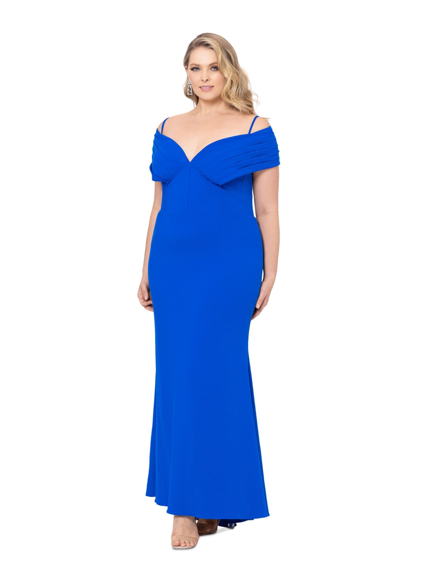 BETSY & ADAM Womens Blue Pleated Zippered Corset Cold Shoulder Lined Spaghetti Strap Off Shoulder Full-Length Evening Gown Dress Plus 16W