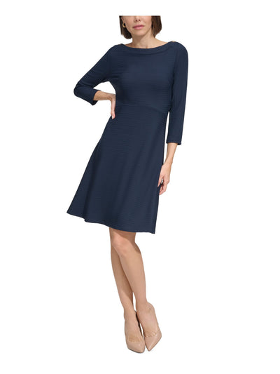 TOMMY HILFIGER Womens Navy Textured Zippered Button Accents 3/4 Sleeve Boat Neck Above The Knee Fit + Flare Dress Petites 0P