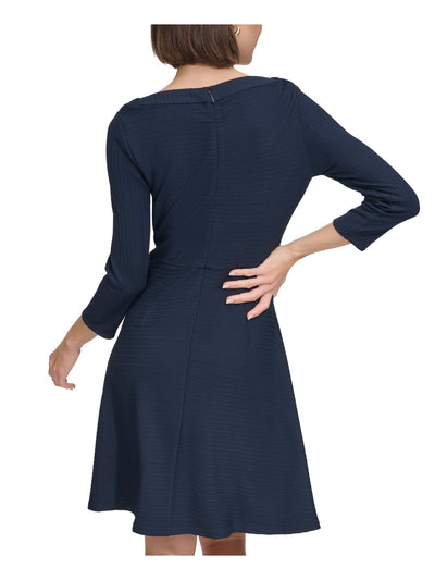 TOMMY HILFIGER Womens Navy Textured Zippered Button Accents 3/4 Sleeve Boat Neck Above The Knee Fit + Flare Dress Petites 0P
