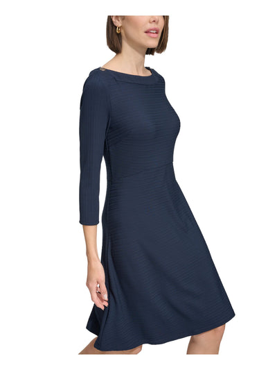 TOMMY HILFIGER Womens Navy Textured Zippered Button Accents 3/4 Sleeve Boat Neck Above The Knee Fit + Flare Dress Petites 0P
