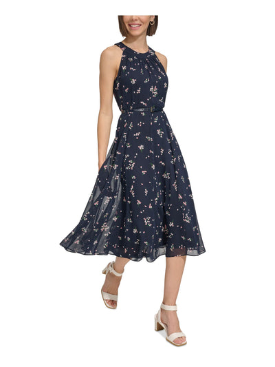 TOMMY HILFIGER Womens Navy Gathered Zippered Belted Lined Floral Sleeveless Halter Midi Party Fit + Flare Dress Petites 6P