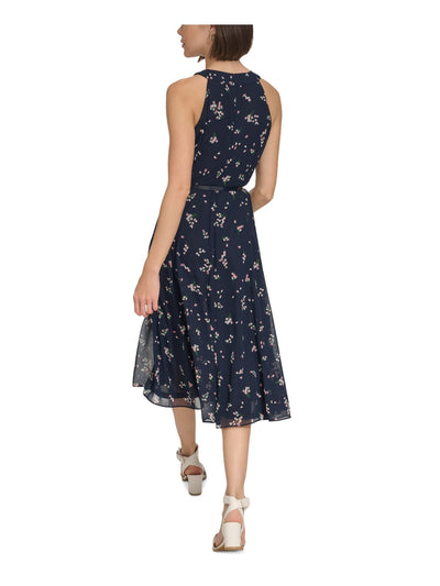 TOMMY HILFIGER Womens Navy Gathered Zippered Belted Lined Floral Sleeveless Halter Midi Party Fit + Flare Dress Petites 6P