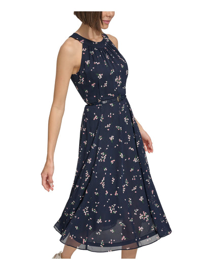 TOMMY HILFIGER Womens Navy Gathered Zippered Belted Lined Floral Sleeveless Halter Midi Party Fit + Flare Dress Petites 6P