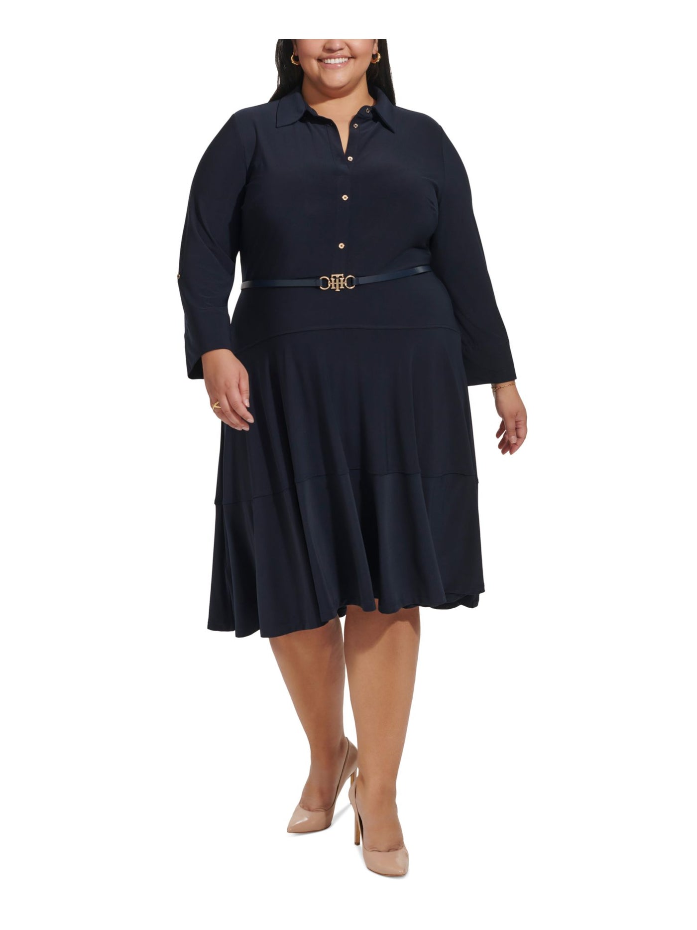 TOMMY HILFIGER Womens Navy Jersey Belted Button Down Darted Roll-tab Sleeve Point Collar Below The Knee Shirt Dress Plus 14W