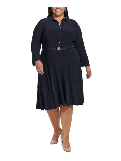 TOMMY HILFIGER Womens Navy Jersey Belted Button Down Darted Roll-tab Sleeve Point Collar Below The Knee Shirt Dress Plus 14W
