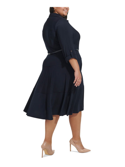 TOMMY HILFIGER Womens Navy Jersey Belted Button Down Darted Roll-tab Sleeve Point Collar Below The Knee Shirt Dress Plus 14W