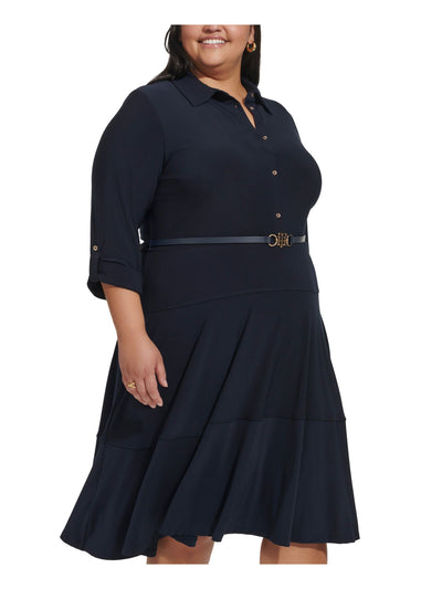 TOMMY HILFIGER Womens Navy Jersey Belted Button Down Darted Roll-tab Sleeve Point Collar Below The Knee Shirt Dress Plus 14W