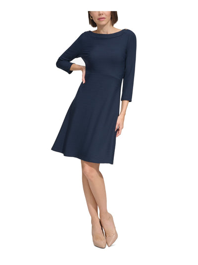 TOMMY HILFIGER Womens Textured 3/4 Sleeve Boat Neck Above The Knee Wear To Work Fit + Flare Dress