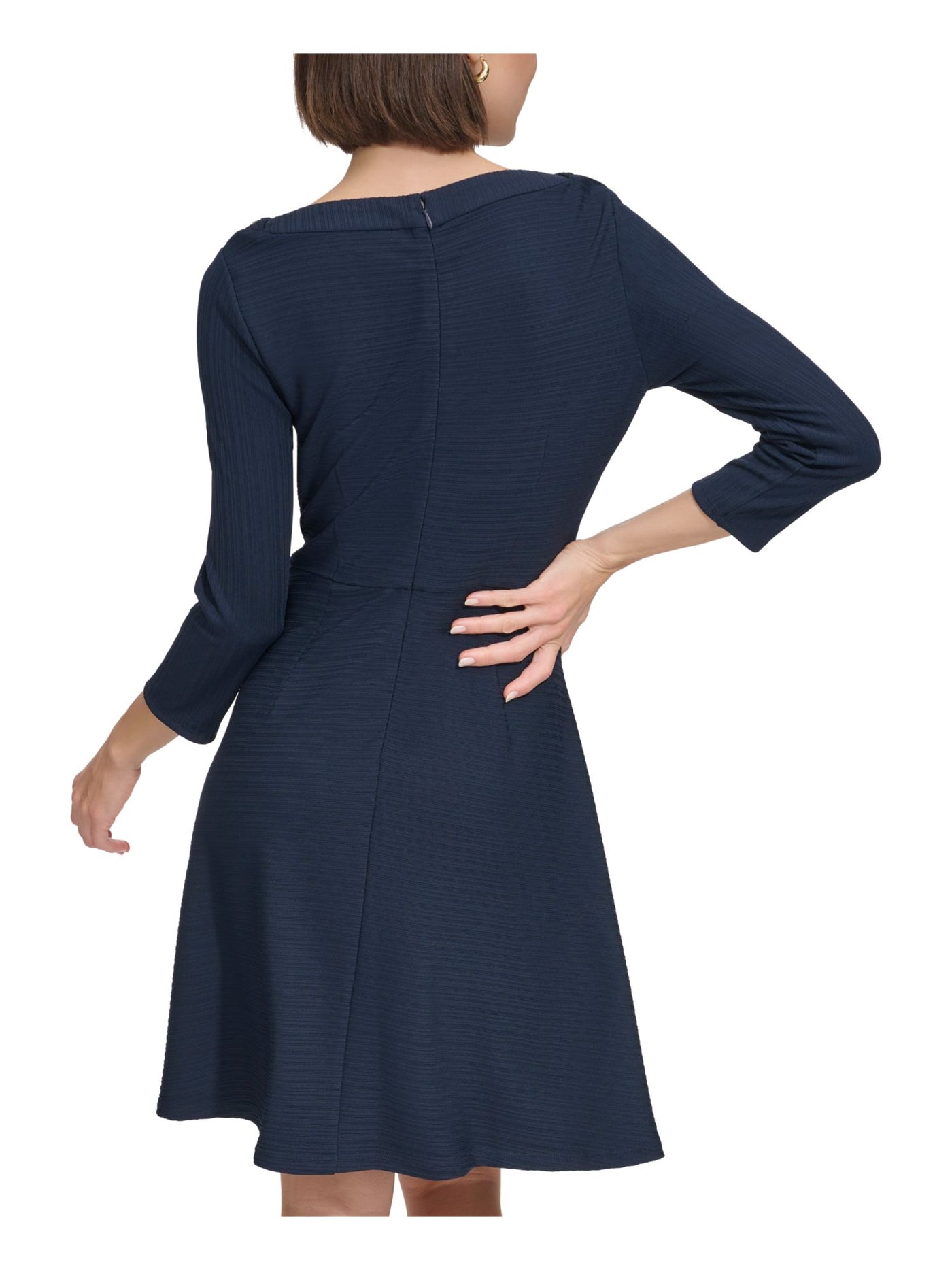 TOMMY HILFIGER Womens Navy Textured Zippered Button Detail Unlined Darted 3/4 Sleeve Boat Neck Above The Knee Wear To Work Fit + Flare Dress 16