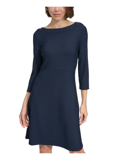 TOMMY HILFIGER Womens Navy Textured Zippered Button Detail Unlined Darted 3/4 Sleeve Boat Neck Above The Knee Wear To Work Fit + Flare Dress 14