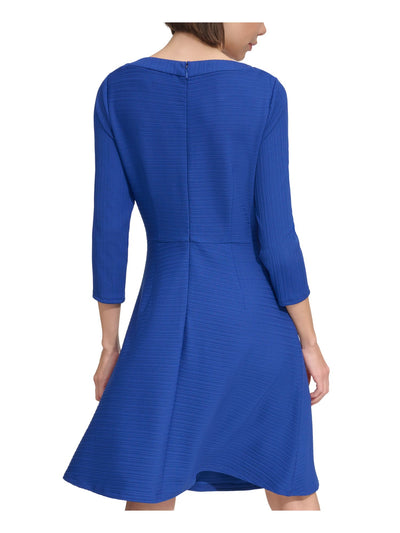 TOMMY HILFIGER Womens Blue Textured Zippered Button Detail Unlined Darted 3/4 Sleeve Boat Neck Above The Knee Fit + Flare Dress 2