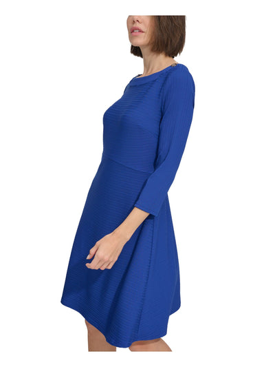 TOMMY HILFIGER Womens Blue Textured Zippered Button Detail Unlined Darted 3/4 Sleeve Boat Neck Above The Knee Fit + Flare Dress 2