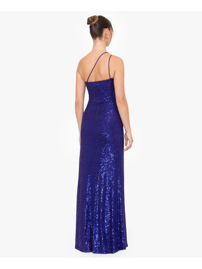 BLONDIE NITES Womens Purple Zippered Slitted Rosette Shoulder Lined Sleeveless Asymmetrical Neckline Full-Length Formal Gown Dress Juniors 5