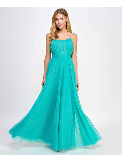 CITY STUDIO Womens Green Pleated Zippered Tie-belt Rhinestone Straps Lined Spaghetti Strap Scoop Neck Full-Length Prom Gown Dress Juniors 3\4