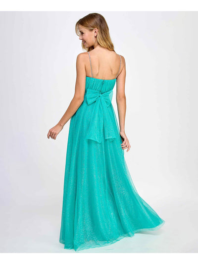 CITY STUDIO Womens Green Pleated Zippered Tie-belt Rhinestone Straps Lined Spaghetti Strap Scoop Neck Full-Length Prom Gown Dress Juniors 0