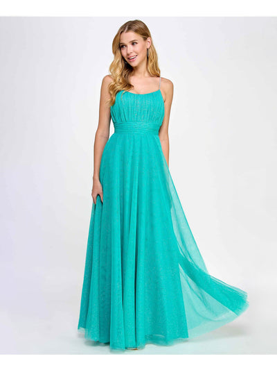 CITY STUDIO Womens Green Pleated Zippered Tie-belt Rhinestone Straps Lined Spaghetti Strap Scoop Neck Full-Length Prom Gown Dress Juniors 7\8