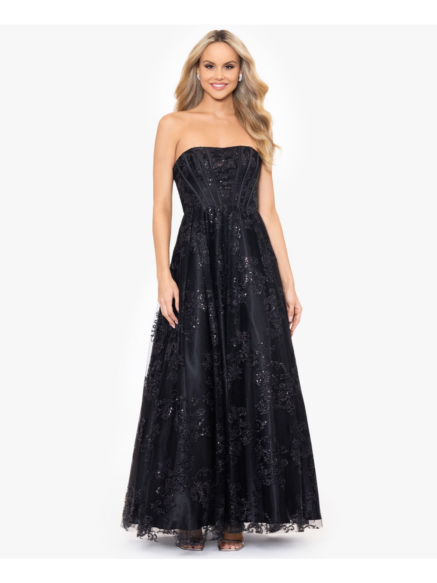 BLONDIE NITES Womens Black Sequined Lined Glitter Tulle Zippered Boning Sleeveless Strapless Full-Length Formal Gown Dress Juniors 3