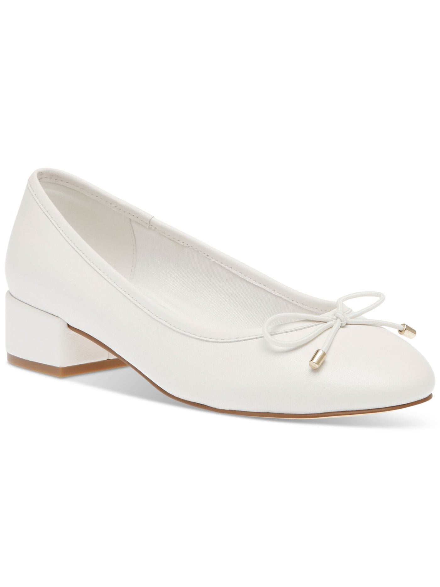 STEVE MADDEN Womens White Bow Accent Padded Cherish Round Toe Block Heel Slip On Leather Pumps Shoes 6 M