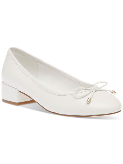 STEVE MADDEN Womens White Bow Accent Padded Cherish Round Toe Block Heel Slip On Leather Pumps Shoes 6 M