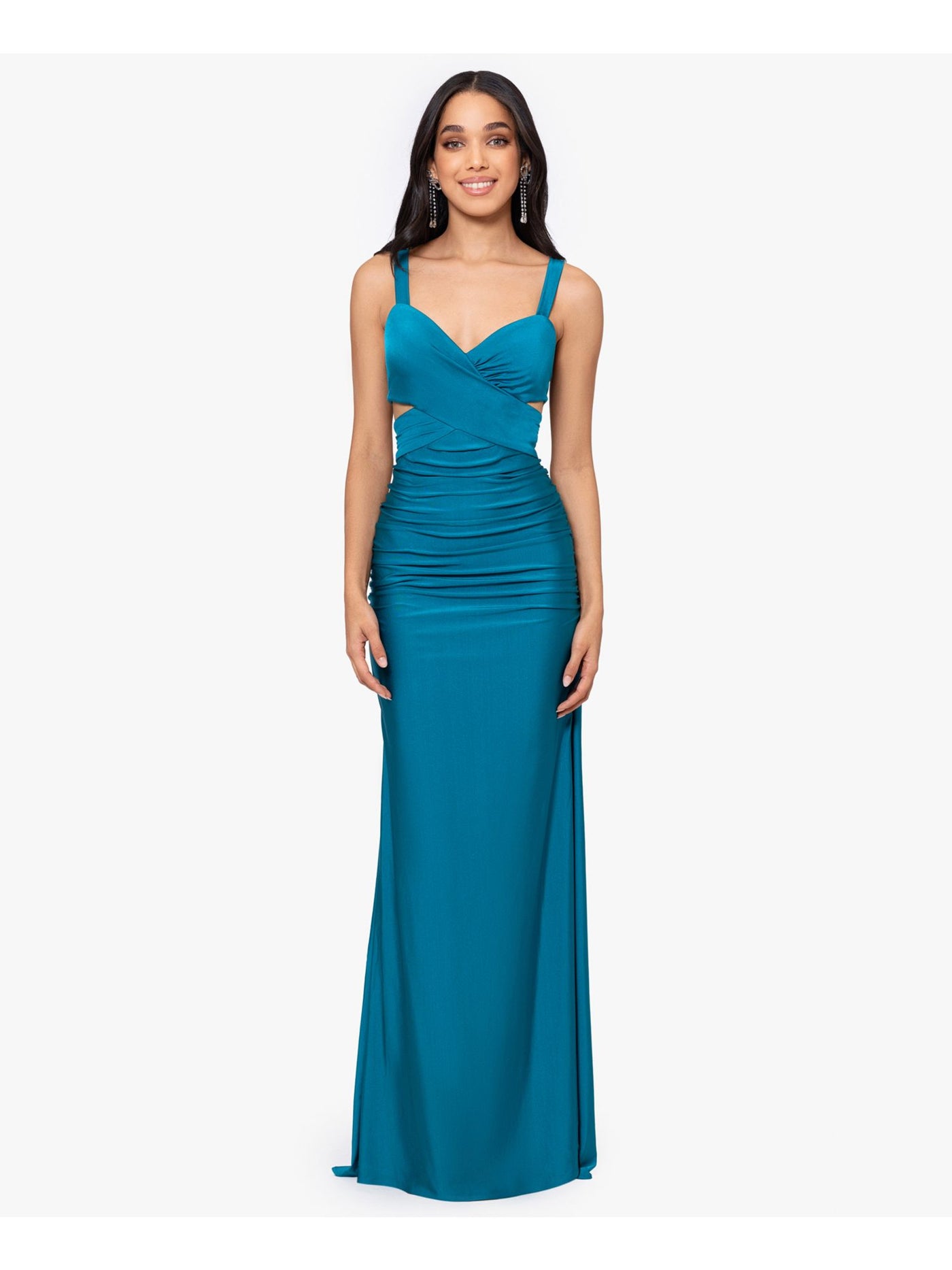 BLONDIE NITES Womens Teal Ruched Zippered Tie Open-back Cutout Sides Lined Sleeveless V Neck Full-Length Formal Gown Dress Juniors 5
