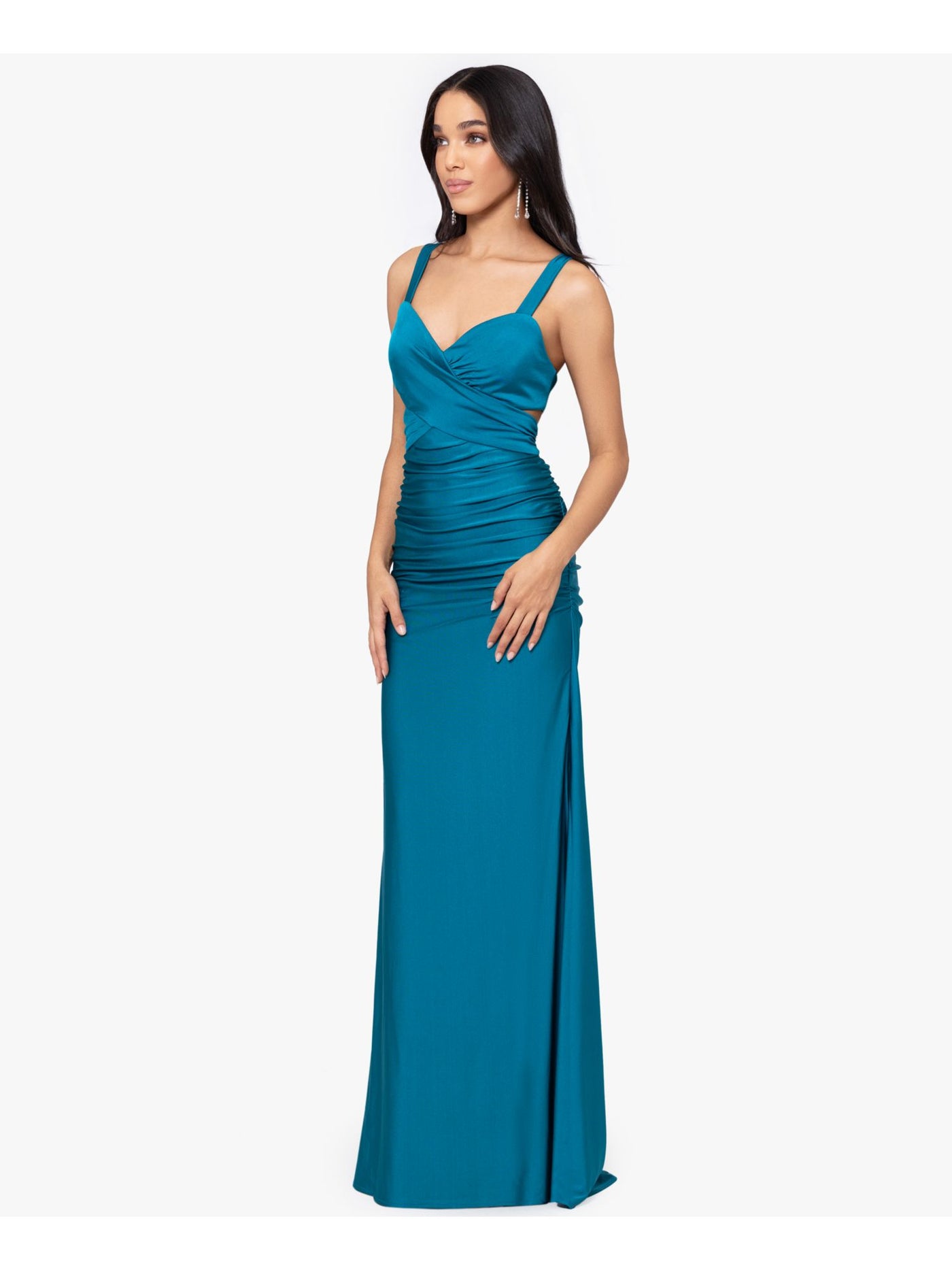 BLONDIE NITES Womens Teal Ruched Zippered Tie Open-back Cutout Sides Lined Sleeveless V Neck Full-Length Formal Gown Dress Juniors 5