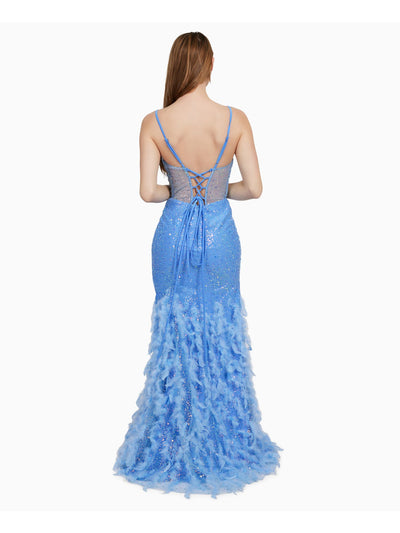 DEAR MOON Womens Blue Zippered Slitted Sheer Bodice Boning Feathered Spaghetti Strap V Neck Full-Length Prom Gown Dress Juniors 11