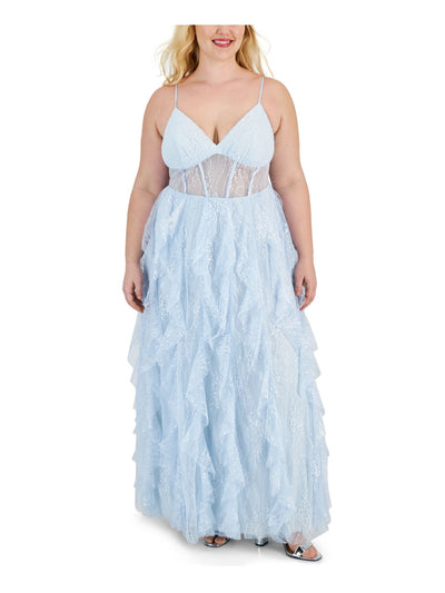 PEAR CULTURE Womens Light Blue Lined Zippered Sequined Corset Sheer Midriff Ru Spaghetti Strap V Neck Full-Length Formal Gown Dress Juniors 16\17