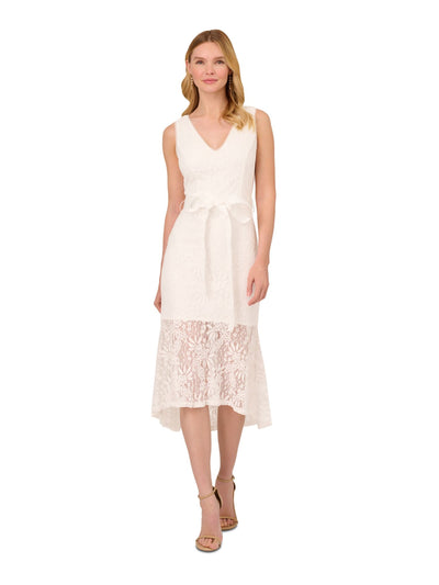 ADRIANNA PAPELL Womens Ivory Zippered Lined Self-tie Sash Flounce Hem Sleeveless V Neck Midi Party Sheath Dress 12