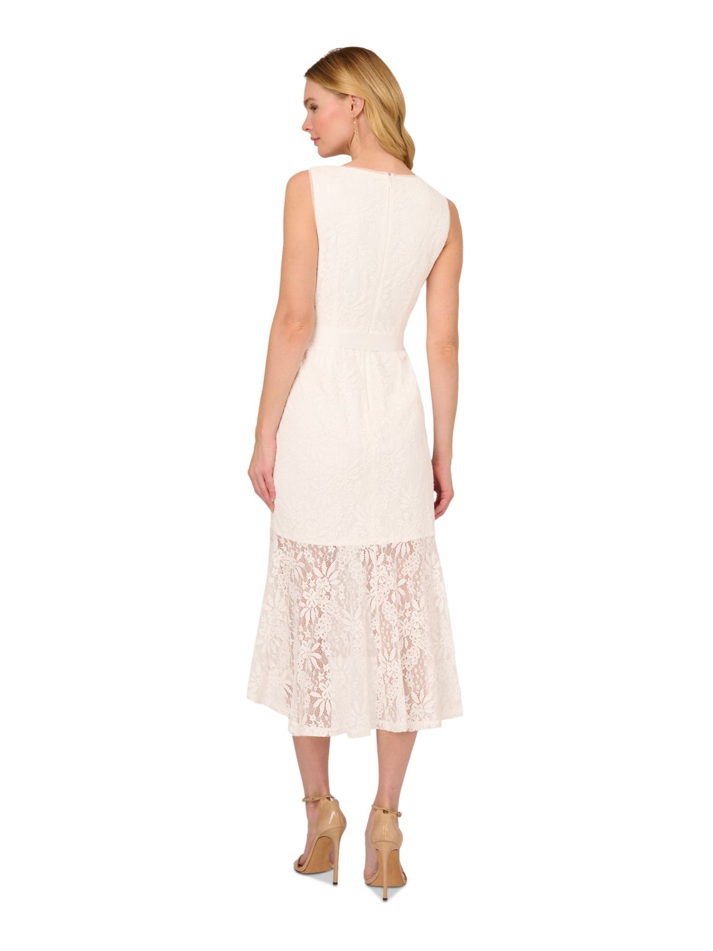 ADRIANNA PAPELL Womens Ivory Zippered Lined Self-tie Sash Flounce Hem Sleeveless V Neck Midi Party Sheath Dress 12