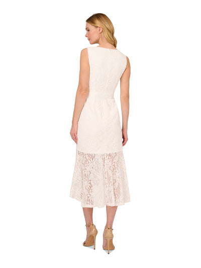 ADRIANNA PAPELL Womens Ivory Zippered Lined Self-tie Sash Flounce Hem Sleeveless V Neck Midi Party Sheath Dress 12