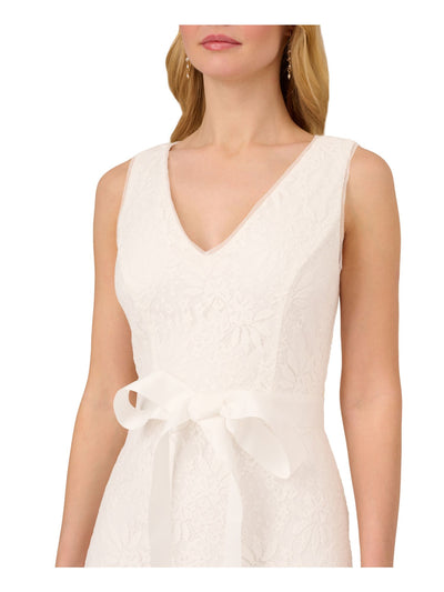 ADRIANNA PAPELL Womens Ivory Zippered Lined Self-tie Sash Flounce Hem Sleeveless V Neck Midi Party Sheath Dress 12