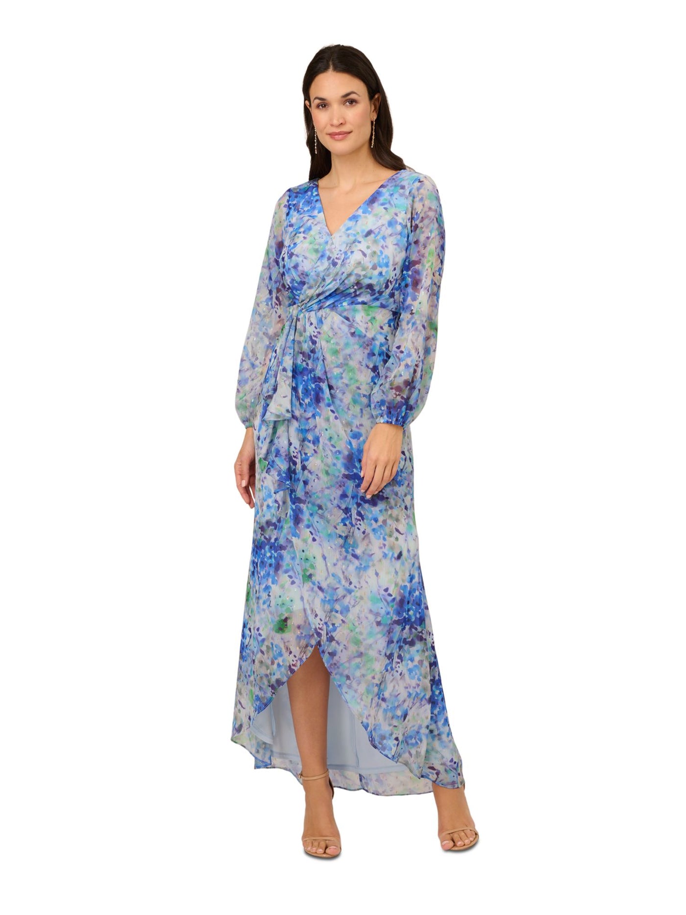 ADRIANNA PAPELL Womens Blue Ruffled Zippered Lined Hi-lo Floral Balloon Sleeve Surplice Neckline Maxi Party Faux Wrap Dress 6