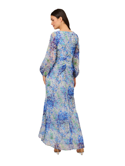 ADRIANNA PAPELL Womens Blue Ruffled Zippered Lined Hi-lo Floral Balloon Sleeve Surplice Neckline Maxi Party Faux Wrap Dress 4
