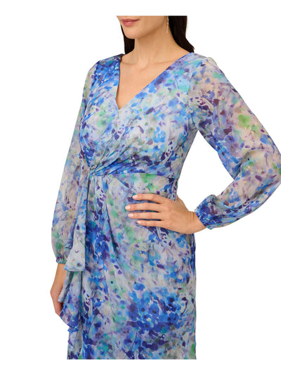 ADRIANNA PAPELL Womens Blue Ruffled Zippered Lined Hi-lo Floral Balloon Sleeve Surplice Neckline Maxi Party Faux Wrap Dress 4