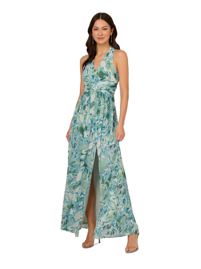 ADRIANNA PAPELL Womens Green Zippered Slitted Shirred Waist Ring Detail Lined Sleeveless Surplice Neckline Full-Length Evening Gown Dress 6