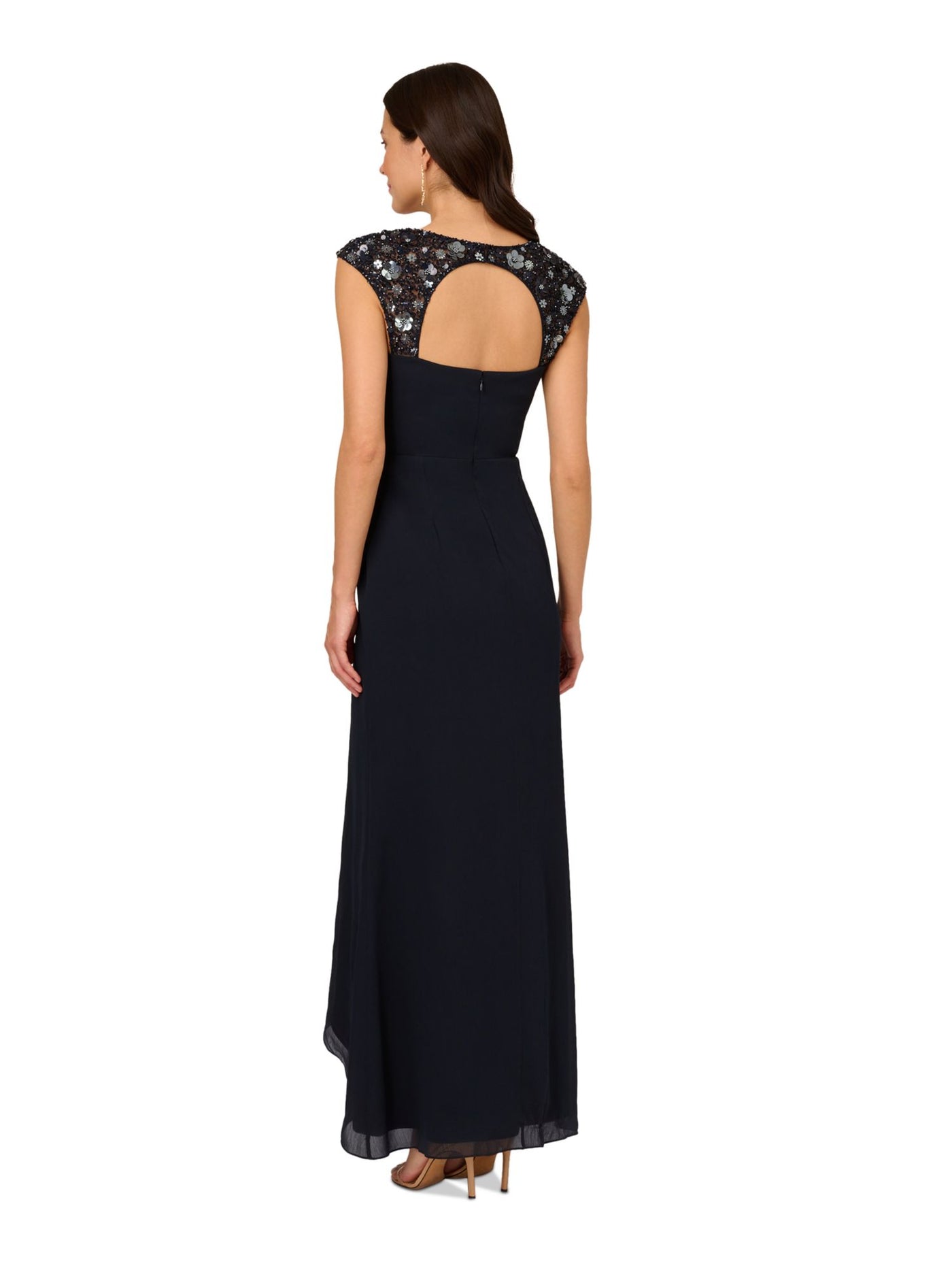 ADRIANNA PAPELL Womens Navy Embellished Zippered Cut Out Back Faux-wrap Lined Cap Sleeve Surplice Neckline Full-Length Party Mermaid Dress 14