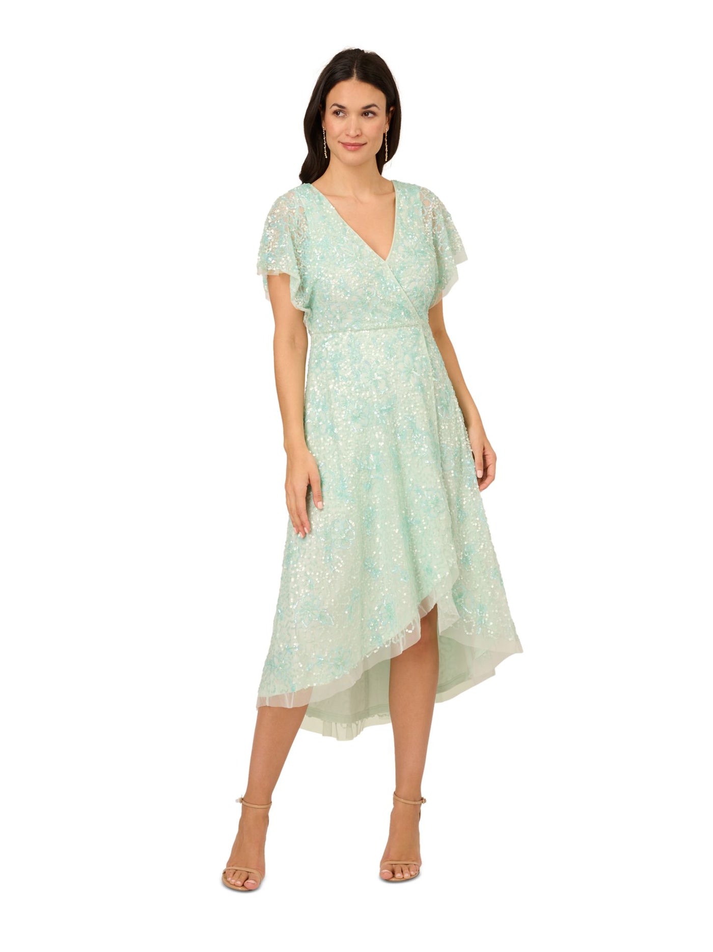 ADRIANNA PAPELL Womens Green Sequined Zippered Lined Hi-lo Hem Flutter Sleeve Surplice Neckline Below The Knee Evening Faux Wrap Dress 12