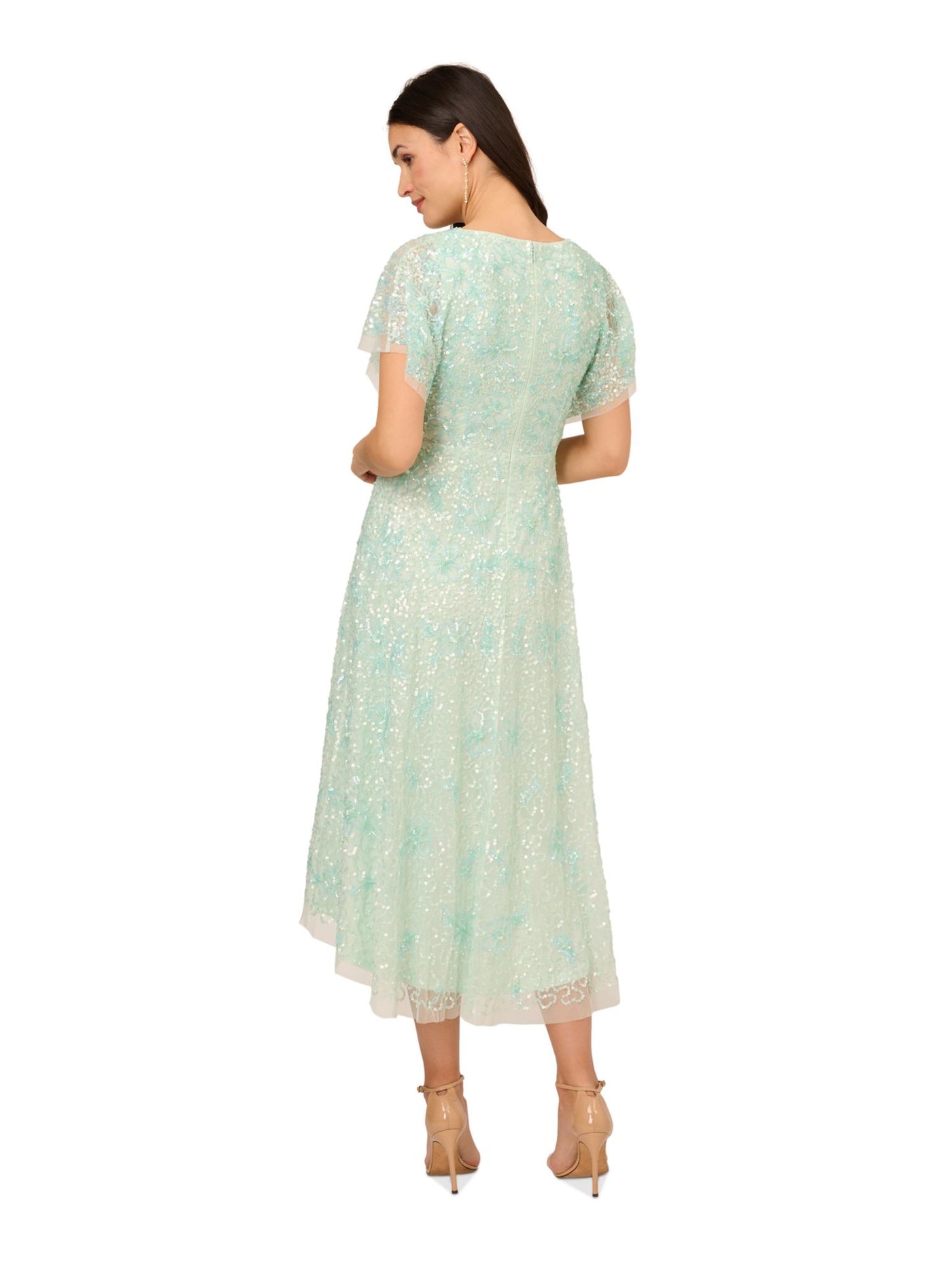 ADRIANNA PAPELL Womens Green Sequined Zippered Lined Hi-lo Hem Flutter Sleeve Surplice Neckline Below The Knee Evening Faux Wrap Dress 2