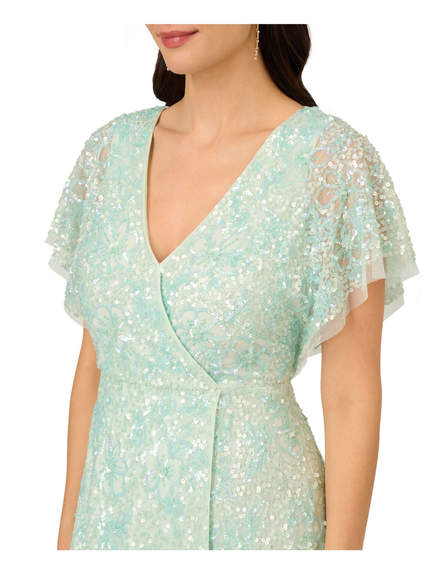 ADRIANNA PAPELL Womens Green Sequined Zippered Lined Hi-lo Hem Flutter Sleeve Surplice Neckline Below The Knee Evening Faux Wrap Dress 2