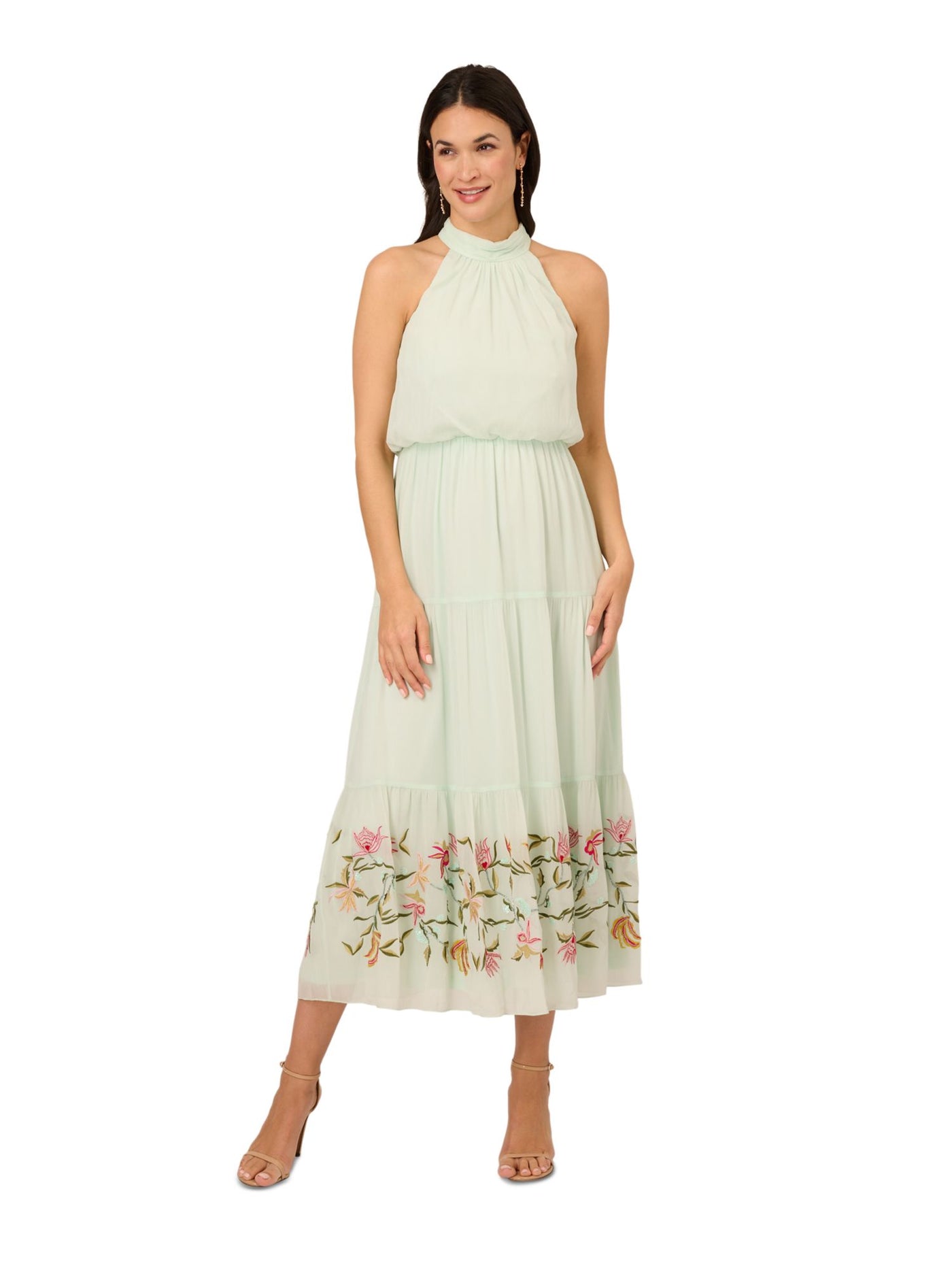 ADRIANNA PAPELL Womens Green Embellished Pleated Tiered Skirt Pullover Sleeveless Halter Midi Party Blouson Dress 16