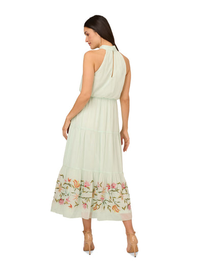 ADRIANNA PAPELL Womens Green Embellished Pleated Tiered Skirt Pullover Sleeveless Halter Midi Party Blouson Dress 10