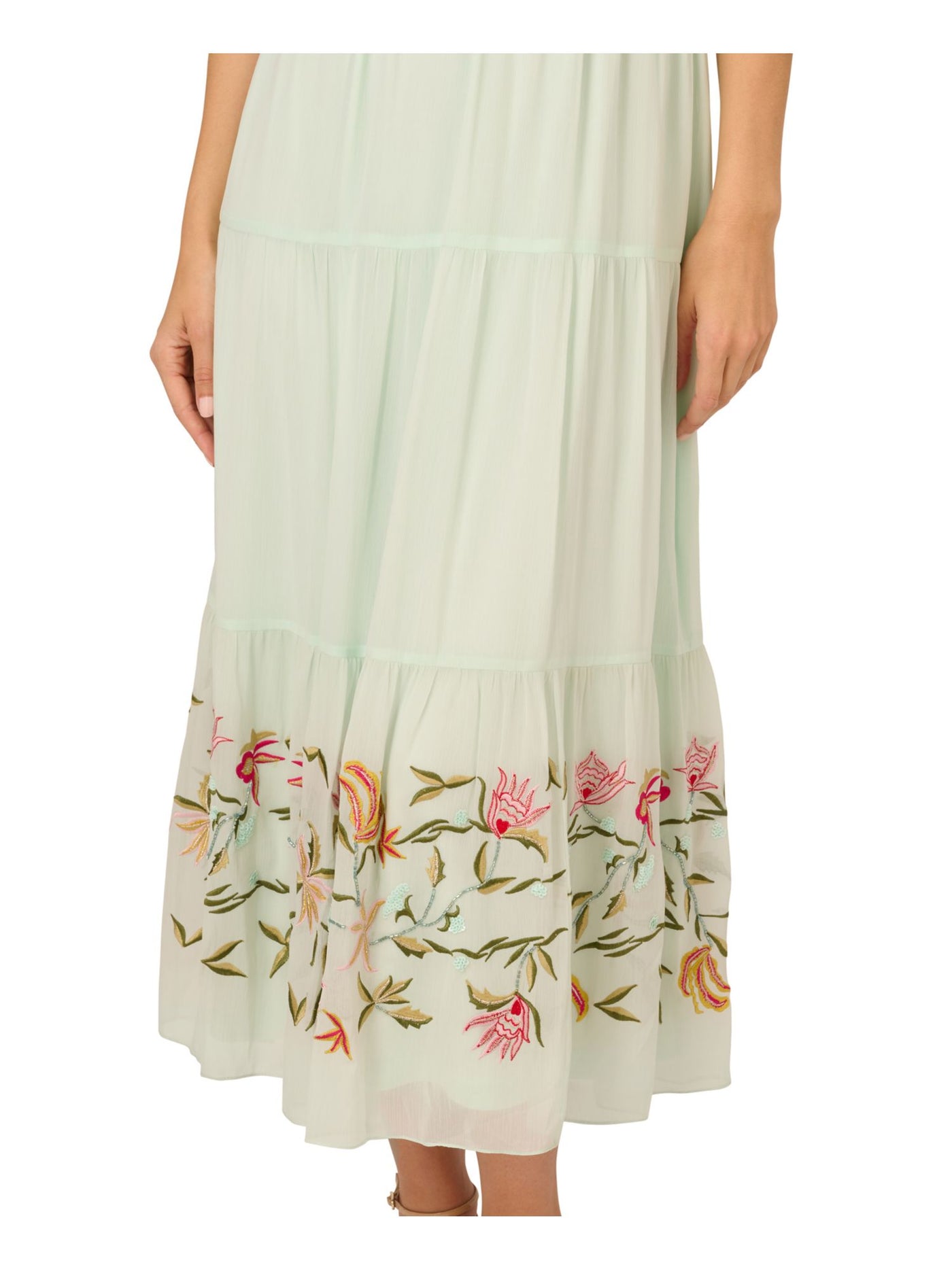 ADRIANNA PAPELL Womens Green Embellished Pleated Tiered Skirt Pullover Sleeveless Halter Midi Party Blouson Dress 6