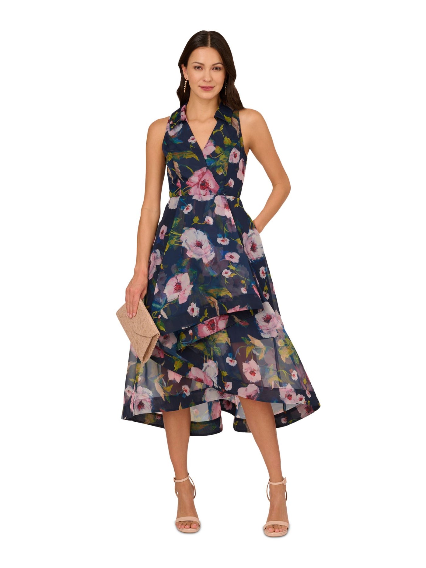 ADRIANNA PAPELL Womens Navy Zippered Lined Ruffled Front Hi-lo Hem Floral Sleeveless Surplice Neckline Midi Party Fit + Flare Dress 14