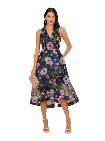 ADRIANNA PAPELL Womens Navy Zippered Lined Ruffled Front Hi-lo Hem Floral Sleeveless Surplice Neckline Midi Party Fit + Flare Dress 14